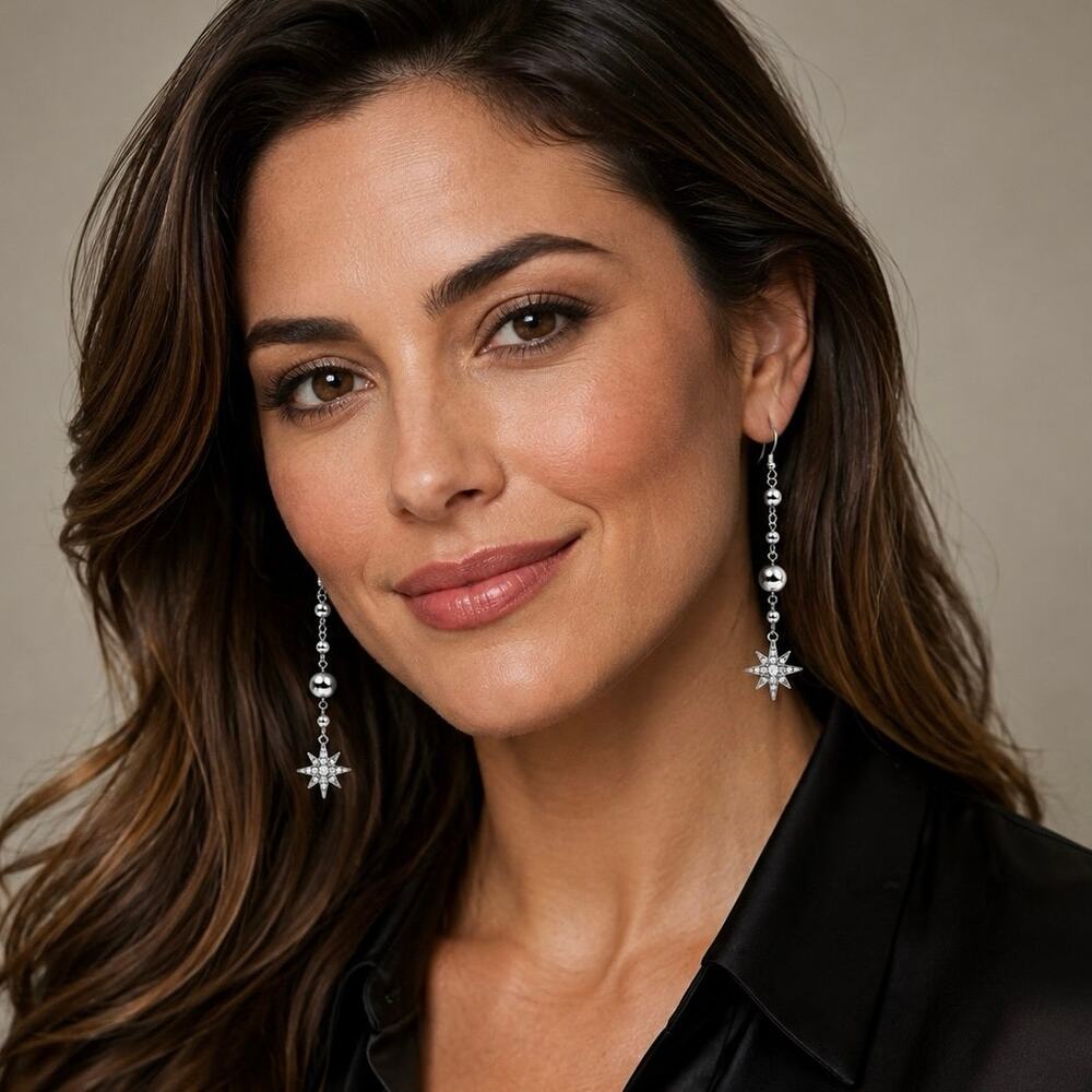 Handmade Silver Star Long Crystal drops Earrings 2.5 inch long